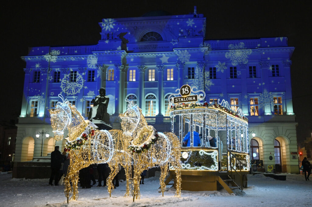 Christmas lamps outside of the Staszic Palace in Warsaw
